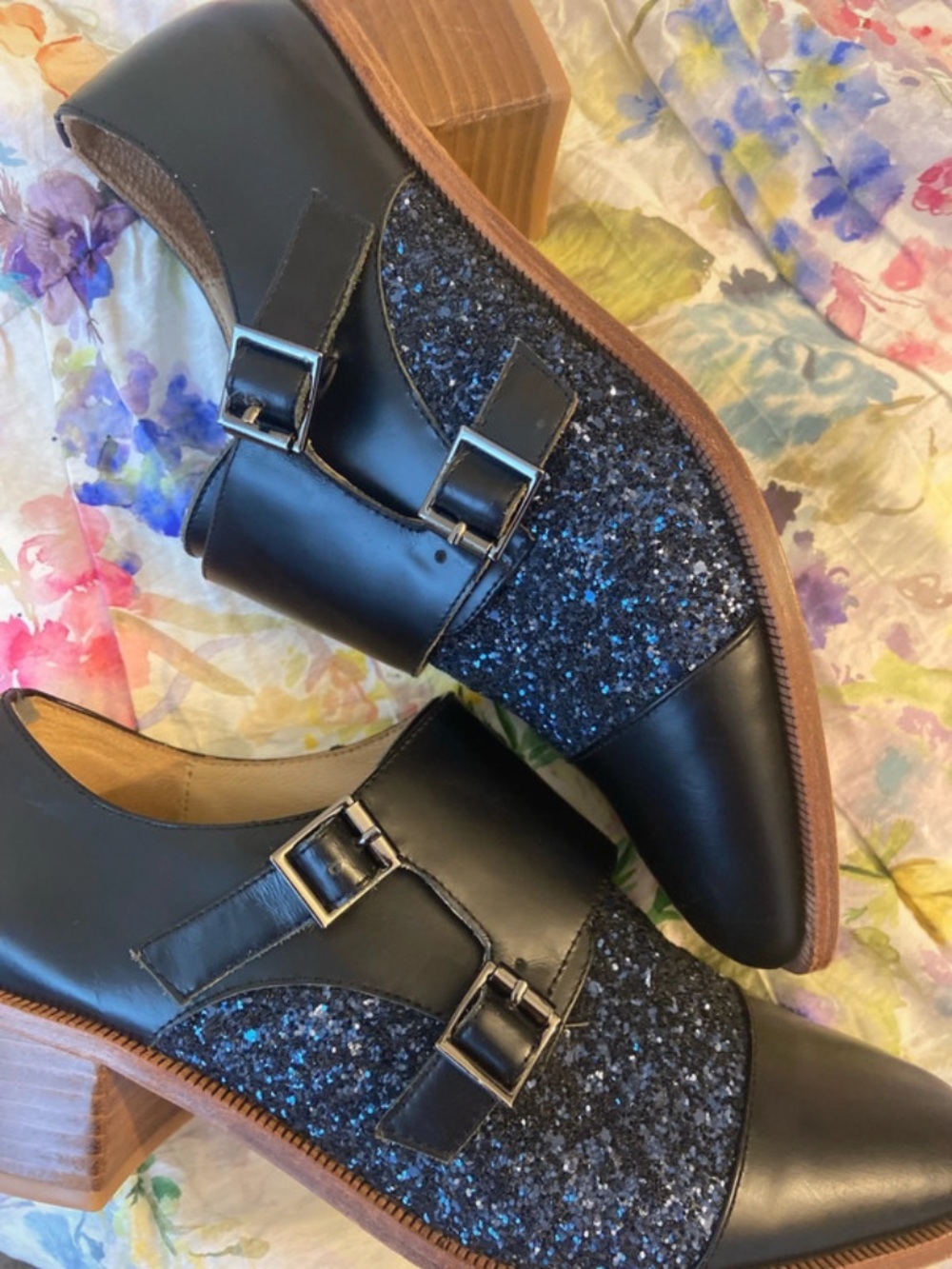 Vanessa Tao  Black Leather Heels with Blue Glitter Panels
